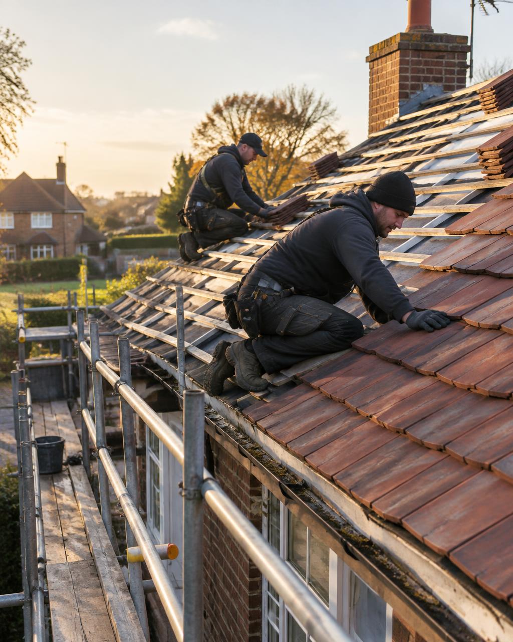 Roofers laying new tiles on a Hampshire home